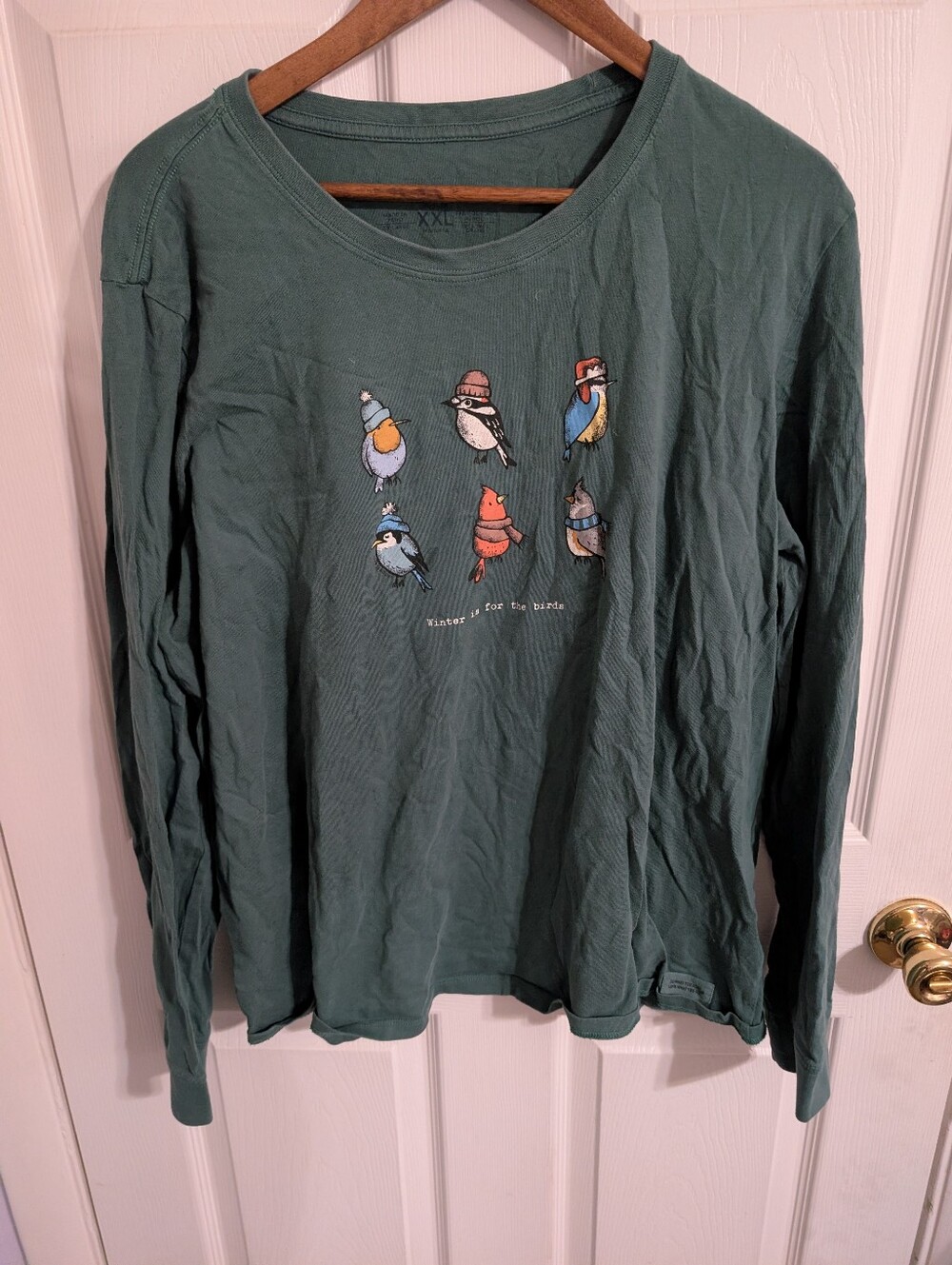 Life Is Good Womens Top Green Long Sleeve Birds Cotton Tee Shirt Size XXL 2XL